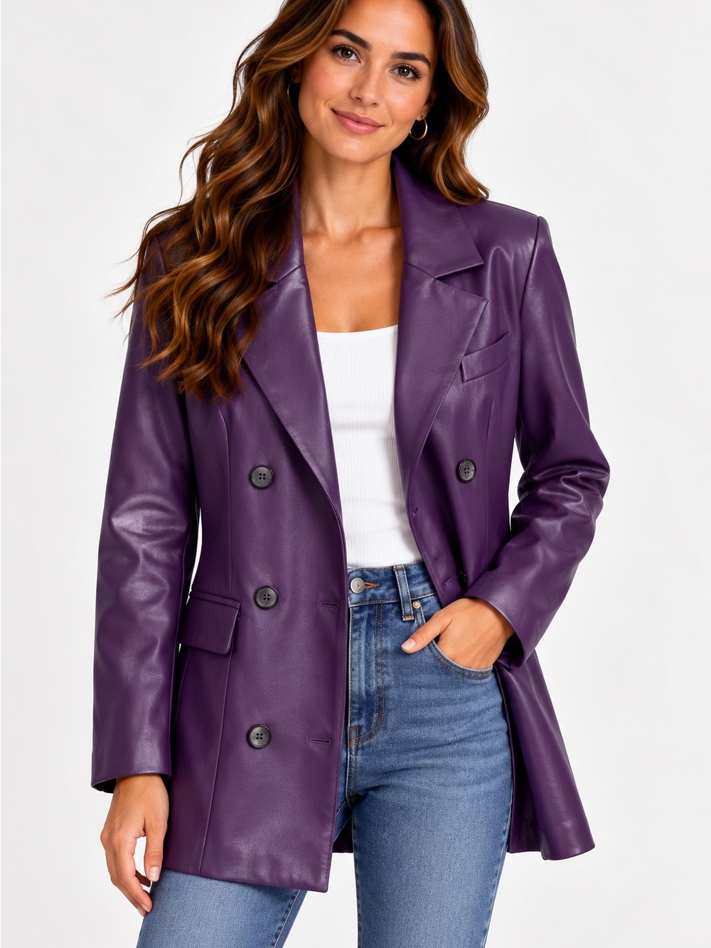 Avec Les Filles Purple Faux Leather Double Breasted Belted Blazer Small